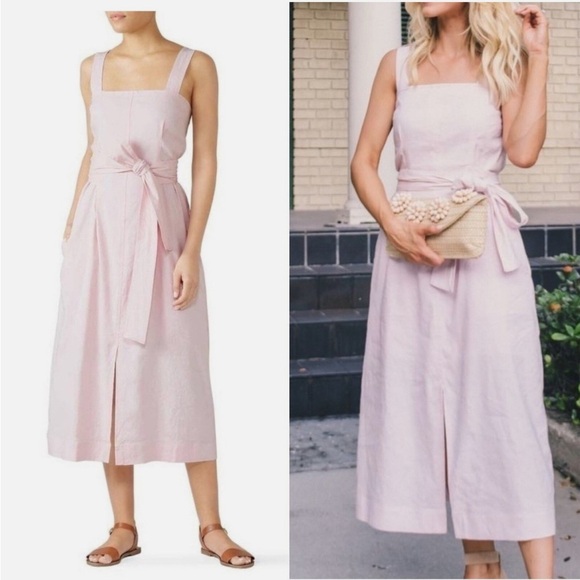 Vince |  Linen-Blend Square Neck Midi in Blush Pink 2 - Picture 1 of 15